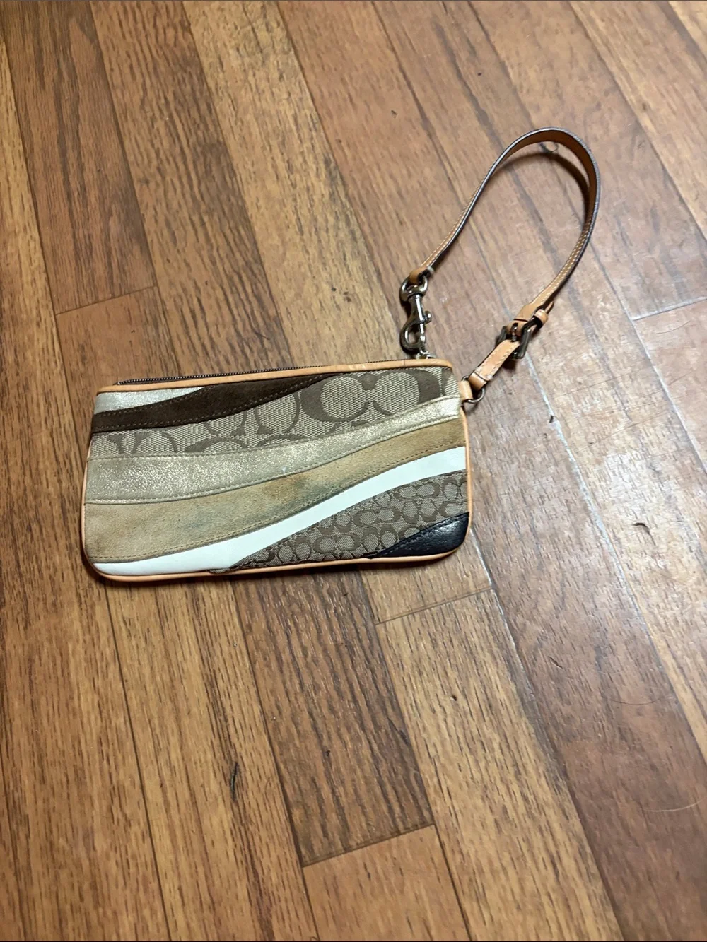 Coach Patchwork Signature Wristlet in Tan, Brown & White